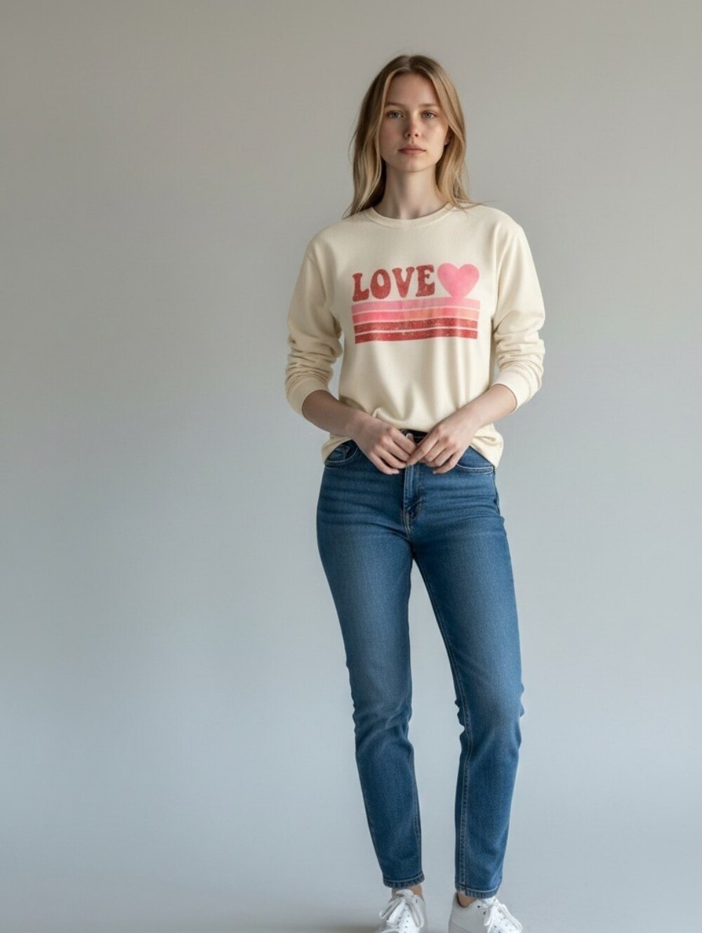 LOVE Heart Graphic Pullover Sweatshirt Beige Pink Red Crew Neck Long Sleeve